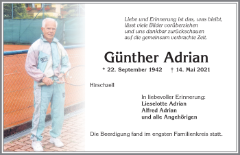 Traueranzeige von Günther Adrian von Allgäuer Zeitung, Kaufbeuren/Buchloe