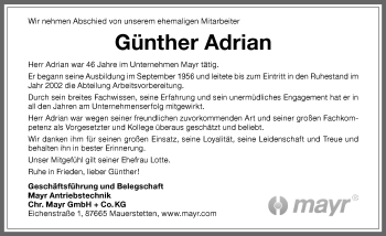 Traueranzeige von Günther Adrian von Allgäuer Zeitung, Kaufbeuren/Buchloe