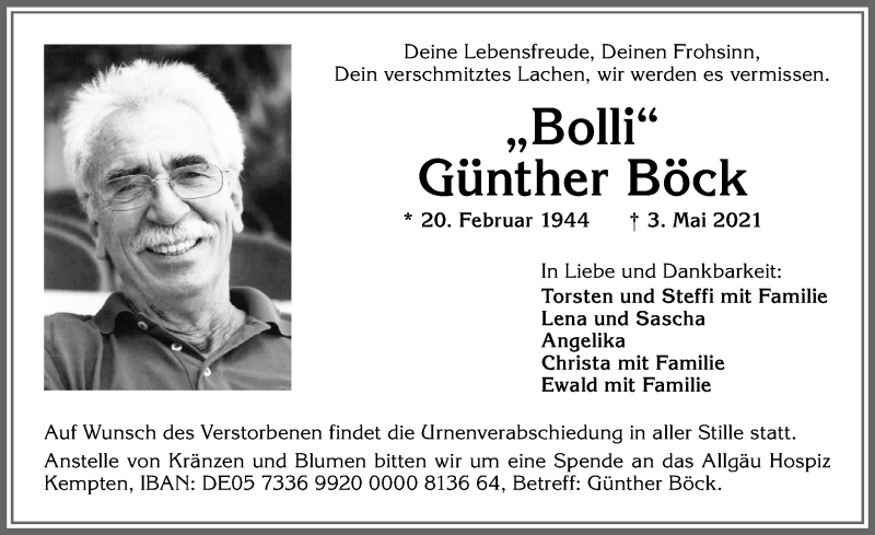  Traueranzeige für Günther Böck vom 15.05.2021 aus Allgäuer Zeitung, Kaufbeuren/Buchloe