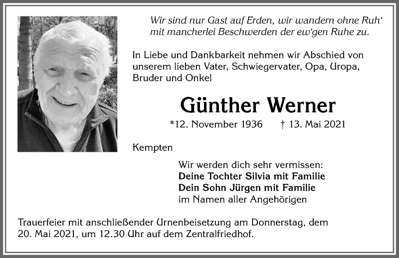  Traueranzeige für Günther Werner vom 17.05.2021 aus Allgäuer Zeitung,Kempten