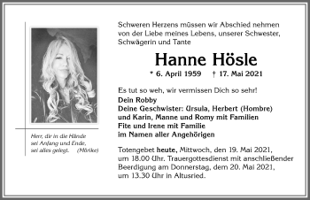 Traueranzeige von Hanne Hösle von Allgäuer Zeitung,Kempten