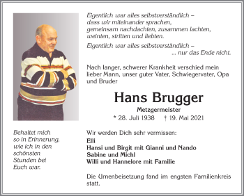 Traueranzeige von Hans Brugger von Allgäuer Zeitung,Kempten