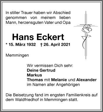 Traueranzeige von Hans Eckert von Memminger Zeitung