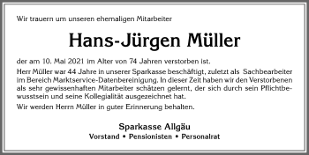 Traueranzeige von Hans-Jürgen Müller von Allgäuer Anzeigeblatt