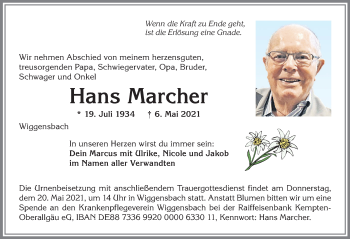 Traueranzeige von Hans Marcher von Allgäuer Zeitung,Kempten