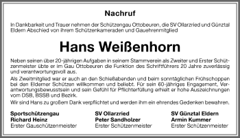 Traueranzeige von Hans Weißenhorn von Memminger Zeitung