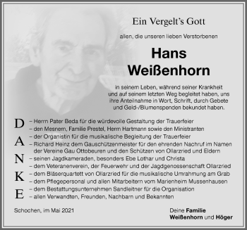 Traueranzeige von Hans Weißenhorn von Memminger Zeitung