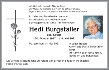 Traueranzeige von Hedi Burgstaller von Allgäuer Anzeigeblatt