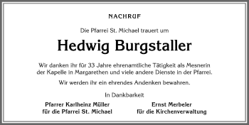 Traueranzeige von Hedwig Burgstaller von Allgäuer Anzeigeblatt