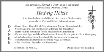 Traueranzeige von Hedwig Hölzle von Allgäuer Zeitung, Füssen