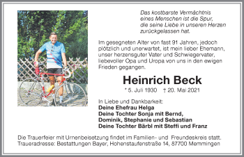 Traueranzeige von Heinrich Beck von Memminger Zeitung