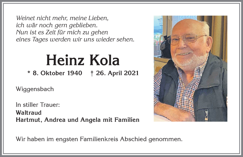 Traueranzeige für Heinz Kola vom 15.05.2021 aus Allgäuer Zeitung,Kempten