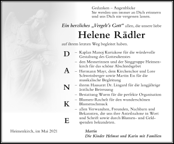 Traueranzeige von Helene Rädler von Der Westallgäuer