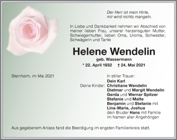 Traueranzeige von Helene Wendelin von Memminger Zeitung