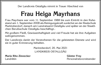 Traueranzeige von Helga Mayrhans von Allgäuer Zeitung, Marktoberdorf