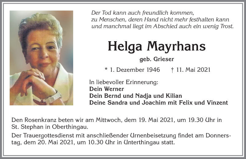  Traueranzeige für Helga Mayrhans vom 18.05.2021 aus Allgäuer Zeitung, Marktoberdorf
