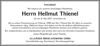 Traueranzeige von Hellmut Thienel von Allgäuer Zeitung,Kempten