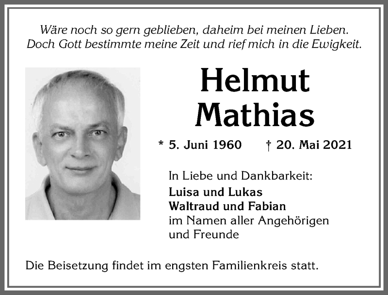  Traueranzeige für Helmut Mathias vom 28.05.2021 aus Allgäuer Zeitung,Kempten
