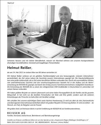 Traueranzeige von Helmut Reißer von Allgäuer Zeitung,Kempten