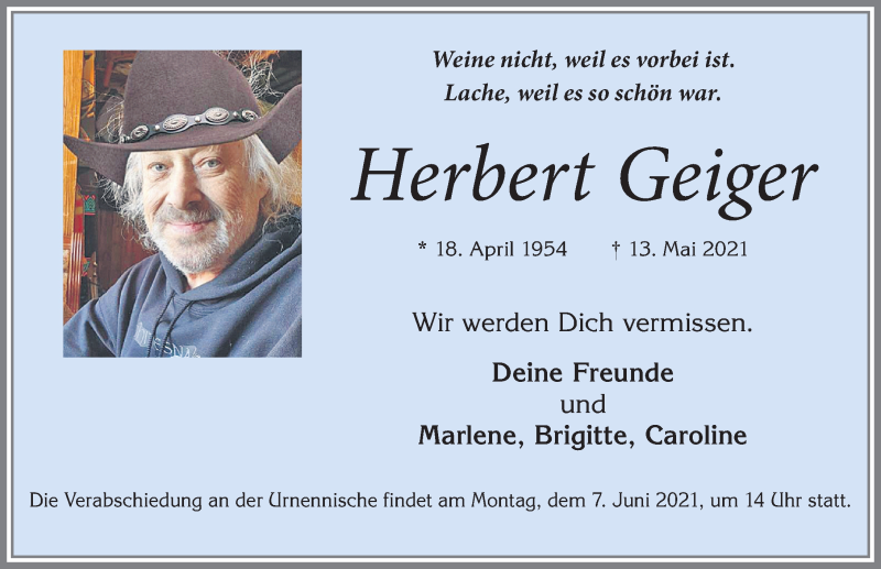  Traueranzeige für Herbert Geiger vom 29.05.2021 aus Allgäuer Zeitung, Marktoberdorf