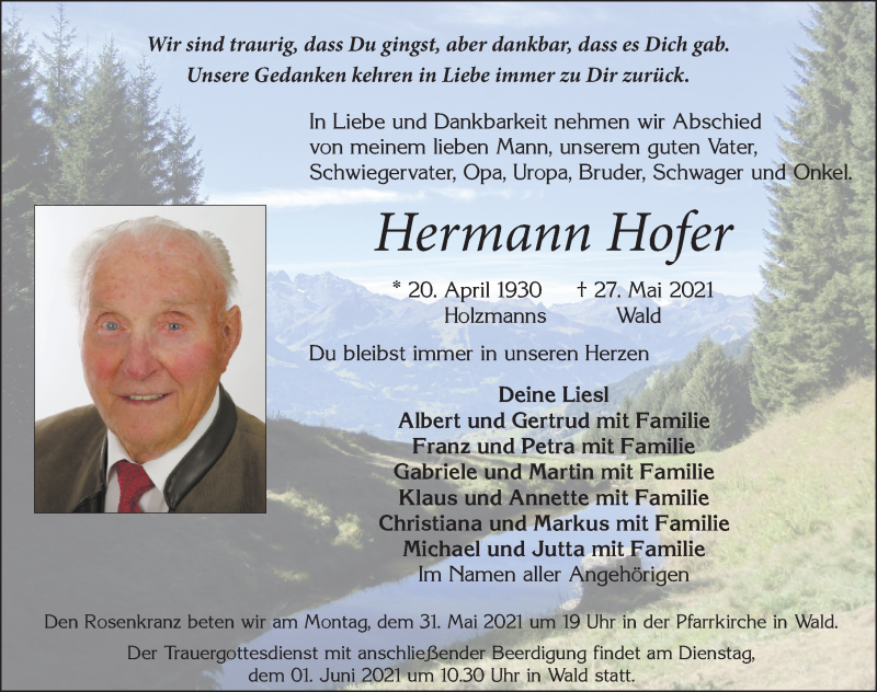  Traueranzeige für Hermann Hofer vom 29.05.2021 aus Allgäuer Zeitung, Marktoberdorf