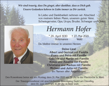 Traueranzeige von Hermann Hofer von Allgäuer Zeitung, Marktoberdorf