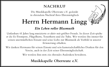 Traueranzeige von Hermann Lingg von Der Westallgäuer