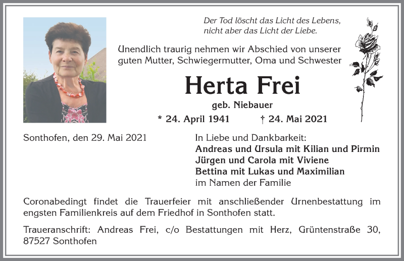  Traueranzeige für Herta Frei vom 29.05.2021 aus Allgäuer Anzeigeblatt
