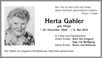 Traueranzeige von Herta Gahler von Allgäuer Zeitung
