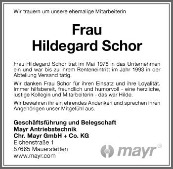 Traueranzeige von Hildegard Schor von Allgäuer Zeitung, Kaufbeuren/Buchloe