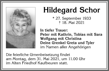 Traueranzeige von Hildegard Schor von Allgäuer Zeitung, Kaufbeuren/Buchloe