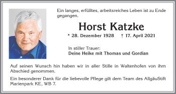 Traueranzeige von Horst Katzke von Allgäuer Zeitung,Kempten