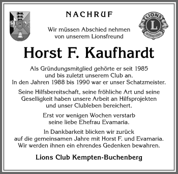 Traueranzeige von Horst F. Kaufhardt von Allgäuer Zeitung,Kempten