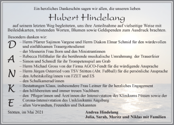 Traueranzeige von Hubert Hindelang von Allgäuer Zeitung, Marktoberdorf