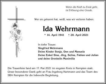 Traueranzeige von Ida Wehrmann von Allgäuer Zeitung,Kempten