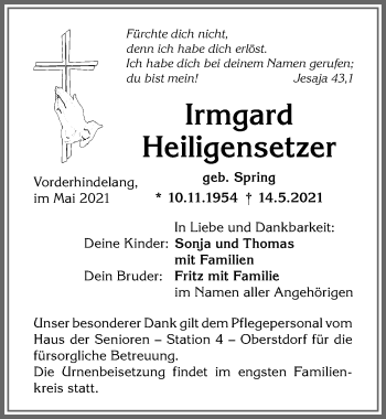 Traueranzeige von Irmgard Heiligensetzer von Allgäuer Anzeigeblatt