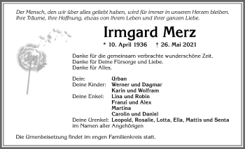 Traueranzeige von Irmgard Merz von Allgäuer Zeitung,Kempten