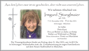 Traueranzeige von Irmgard Stanglmaier von Allgäuer Zeitung, Füssen