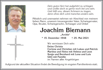 Traueranzeige von Joachim Biemann von Allgäuer Zeitung, Kaufbeuren/Buchloe