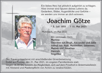 Traueranzeige von Joachim Götze von Allgäuer Anzeigeblatt