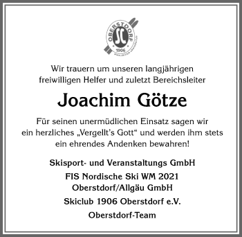 Traueranzeige von Joachim Götze von Allgäuer Anzeigeblatt