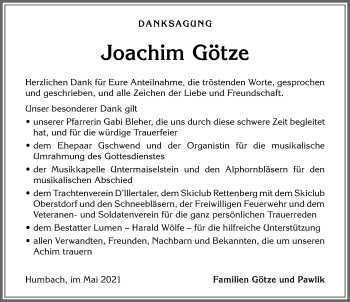 Traueranzeige von Joachim Götze von Allgäuer Anzeigeblatt