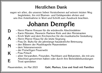 Traueranzeige von Johann Dempfle von Allgäuer Zeitung, Kaufbeuren/Buchloe
