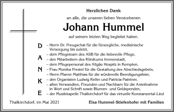 Traueranzeige von Johann Hummel von Allgäuer Anzeigeblatt