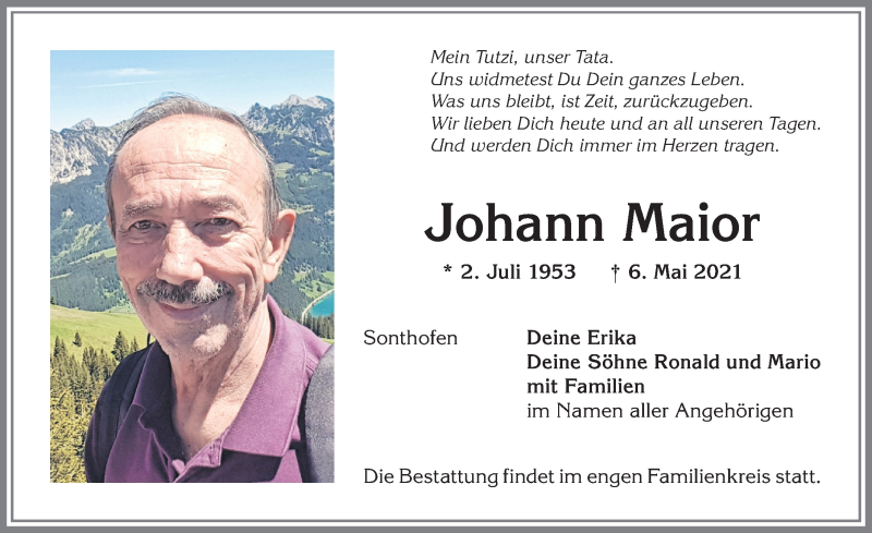  Traueranzeige für Johann Maior vom 14.05.2021 aus Allgäuer Anzeigeblatt