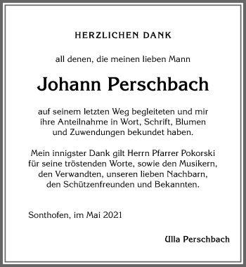 Traueranzeige von Johann Perschbach von Allgäuer Anzeigeblatt