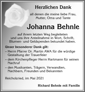 Traueranzeige von Johanna Behnle von Allgäuer Zeitung,Kempten