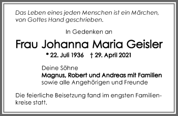 Traueranzeige von Johanna Maria Geisler von Allgäuer Zeitung, Kaufbeuren/Buchloe