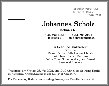 Traueranzeige von Johannes Scholz von Allgäuer Zeitung,Kempten