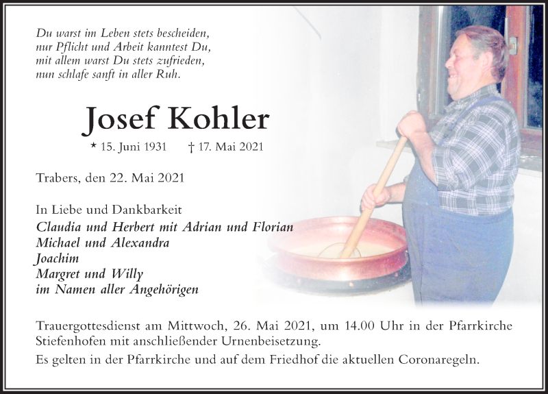 Traueranzeige für Josef Kohler vom 22.05.2021 aus Der Westallgäuer